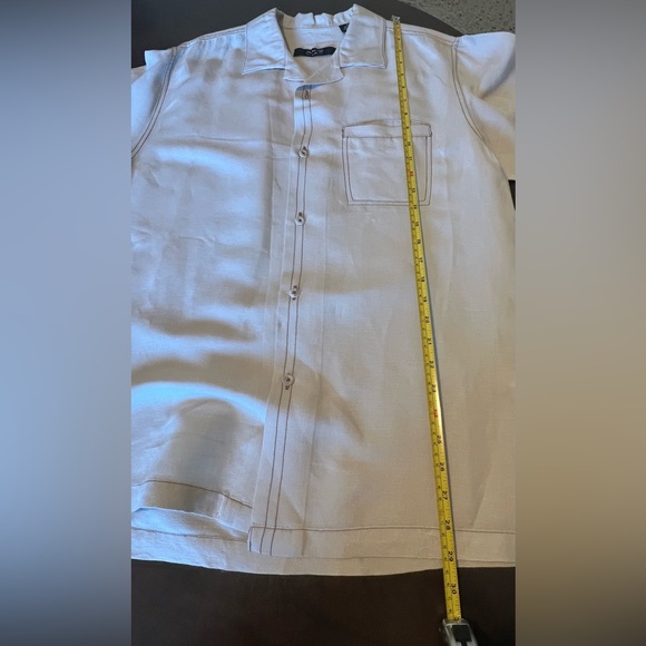 Axis LA men’s tan linen blend button-down shirt w/brown stitching. Lightweight - Picture 3 of 6